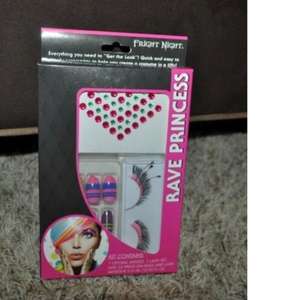 Rave Princess Kit Tattoos Press On Nails Eyelashes Halloween Accessory 13+